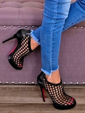 Christian Louboutin Black Leather Caged Ankle Booties Heels EU 38.5 / Fits US 8